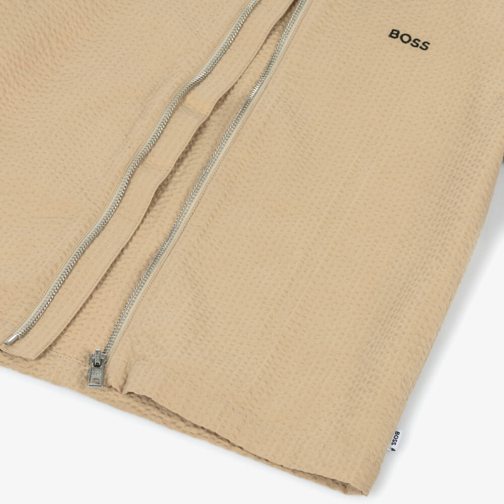 BOSS-Boys Beige Seersucker Zip-Front Shirt with Embroidered Logo | Childrensalon Outlet