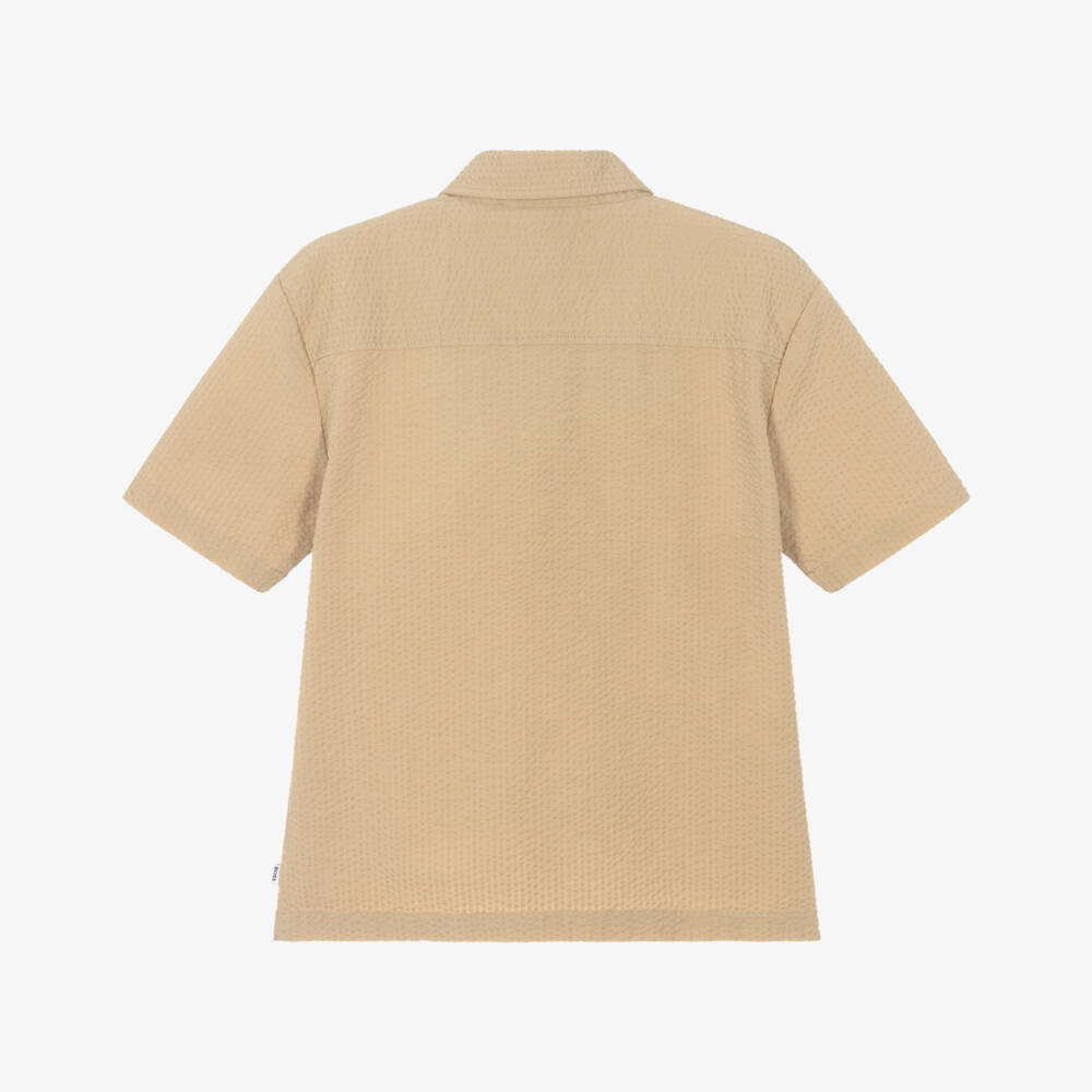 BOSS-Boys Beige Seersucker Zip-Front Shirt with Embroidered Logo | Childrensalon Outlet