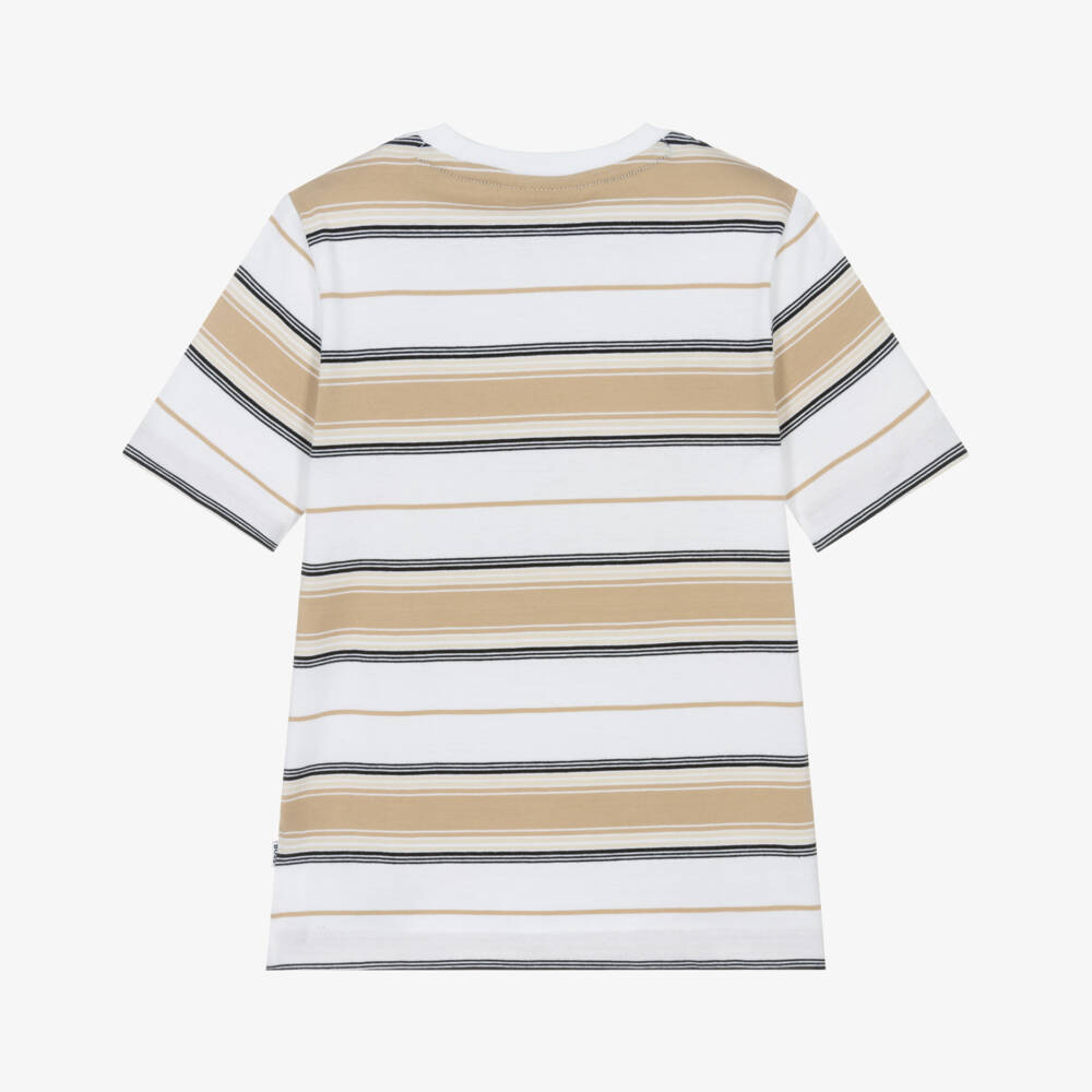BOSS-Boys Beige Stripe Cotton Tee | Childrensalon Outlet