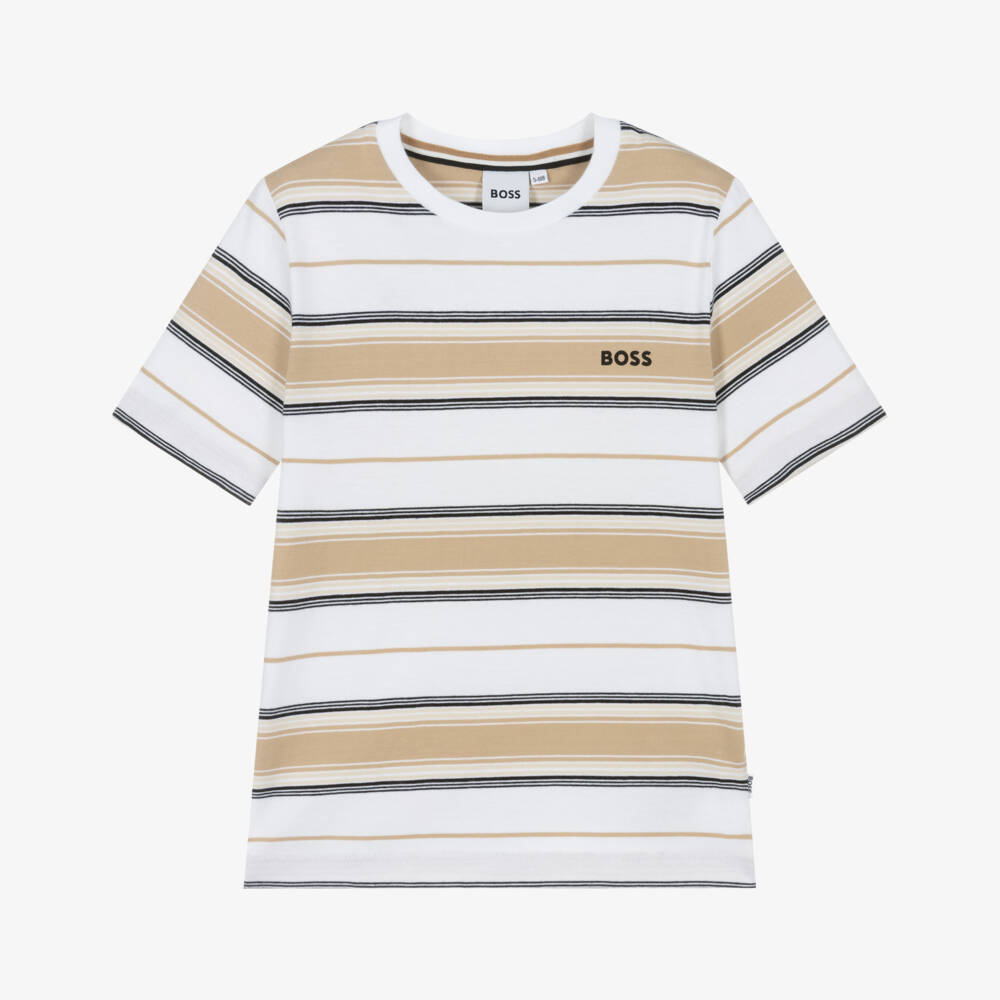 BOSS-تيشيرت قطن مخطط بيج للأولاد | Childrensalon Outlet