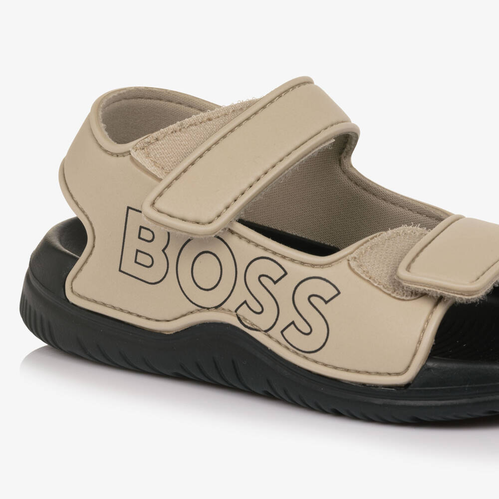 BOSS-Boys Beige Velcro Sandals with Logo | Childrensalon Outlet