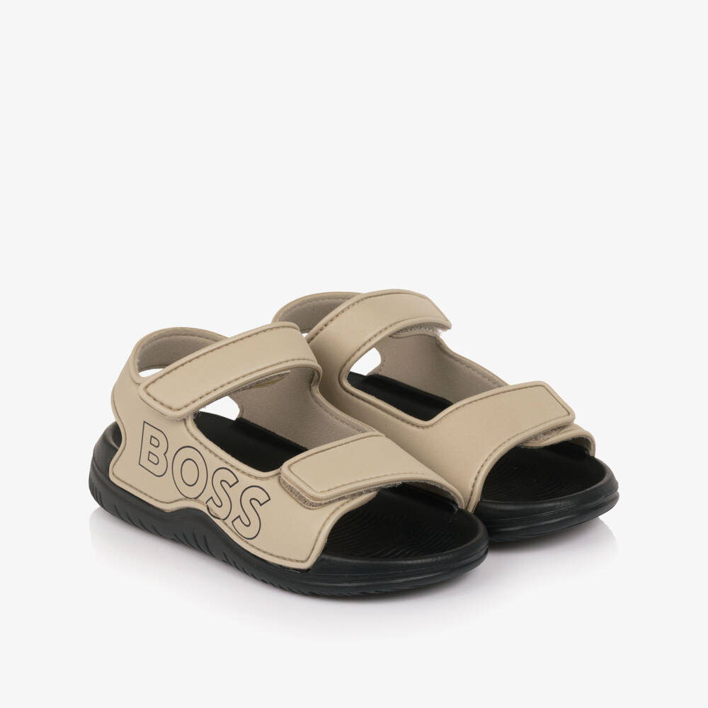 BOSS-Boys Beige Velcro Sandals with Logo | Childrensalon Outlet