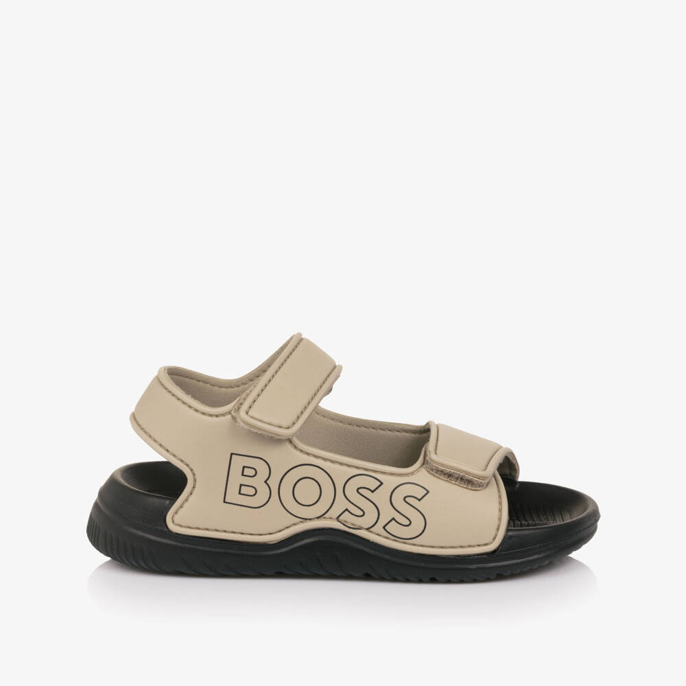 BOSS-Boys Beige Velcro Sandals with Logo | Childrensalon Outlet