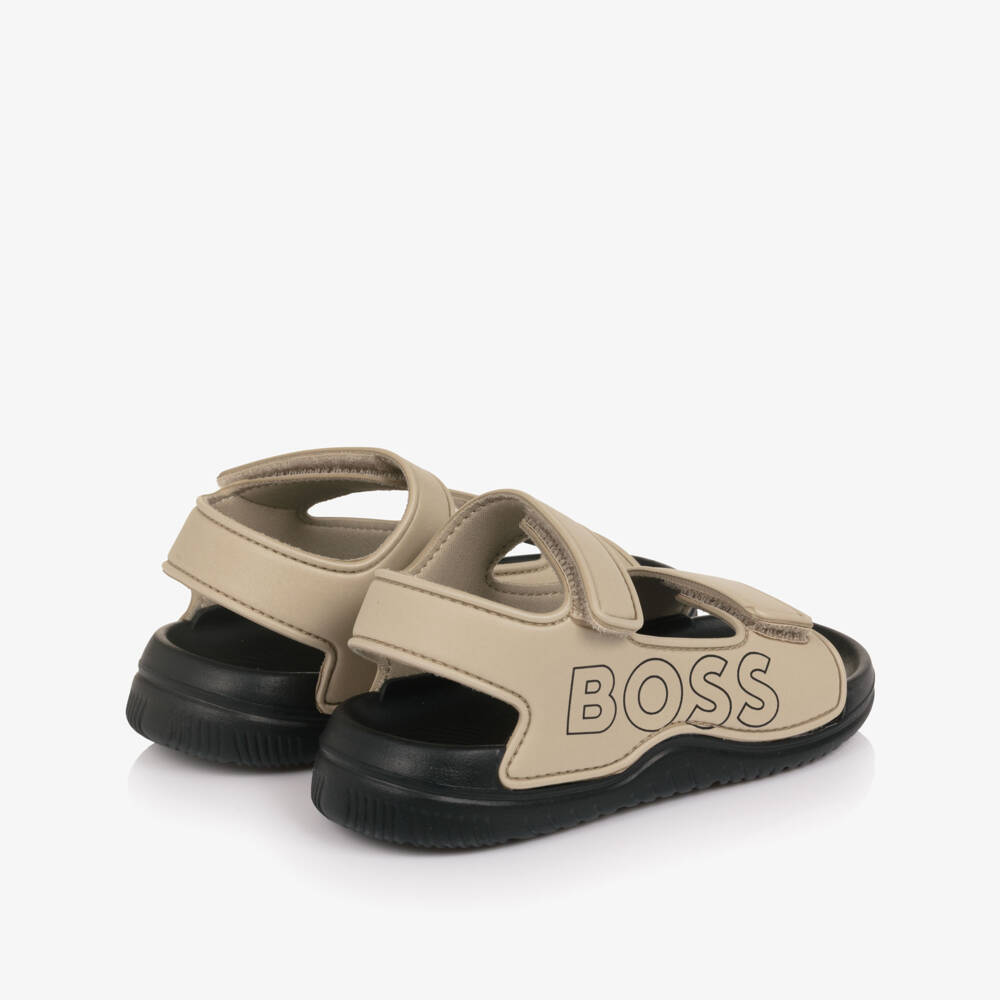 BOSS-Boys Beige Velcro Sandals with Logo | Childrensalon Outlet