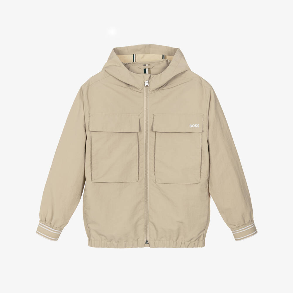 BOSS-Boys Beige Water-Repellent Hooded Windbreaker Jacket | Childrensalon Outlet