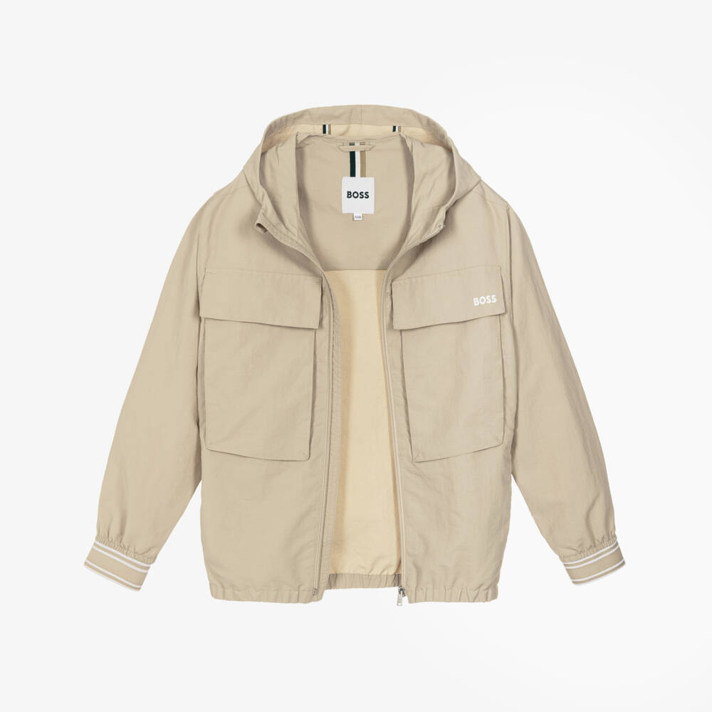 BOSS-Boys Beige Water-Repellent Hooded Windbreaker Jacket | Childrensalon Outlet
