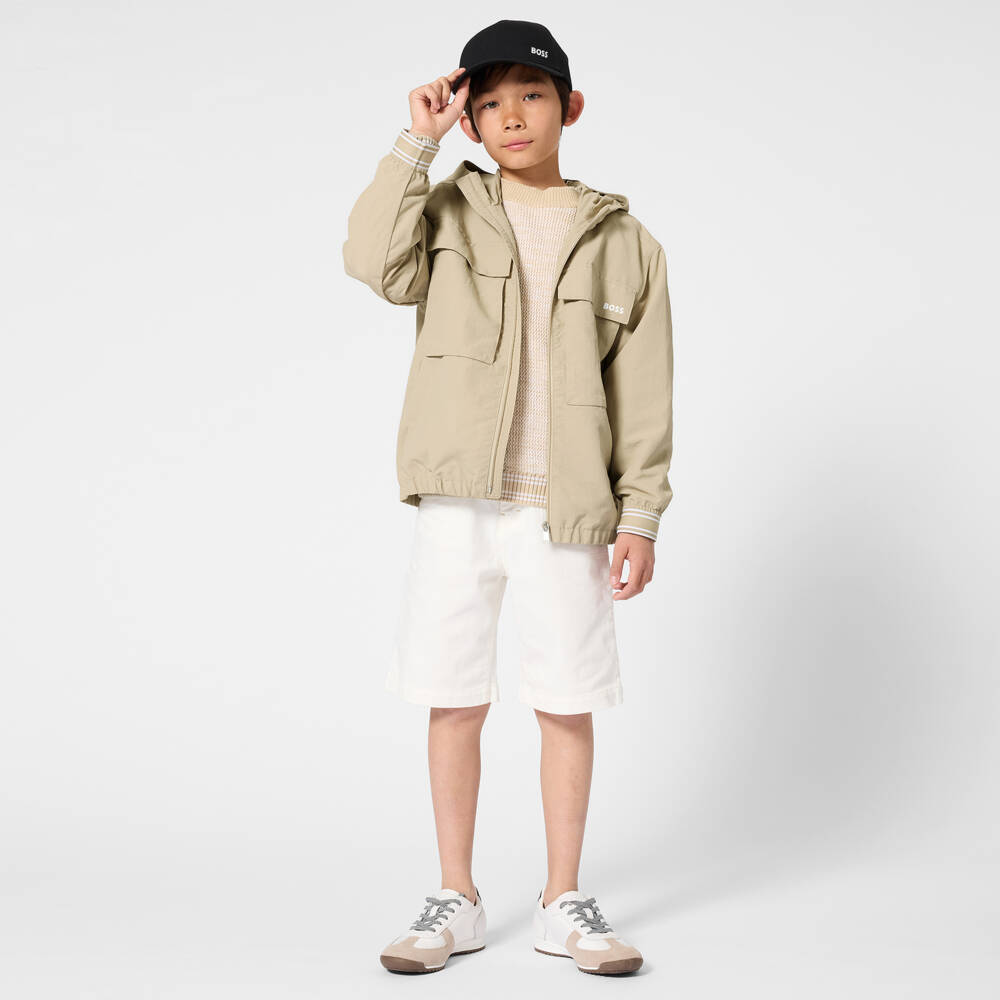 BOSS-Boys Beige Water-Repellent Hooded Windbreaker Jacket | Childrensalon Outlet