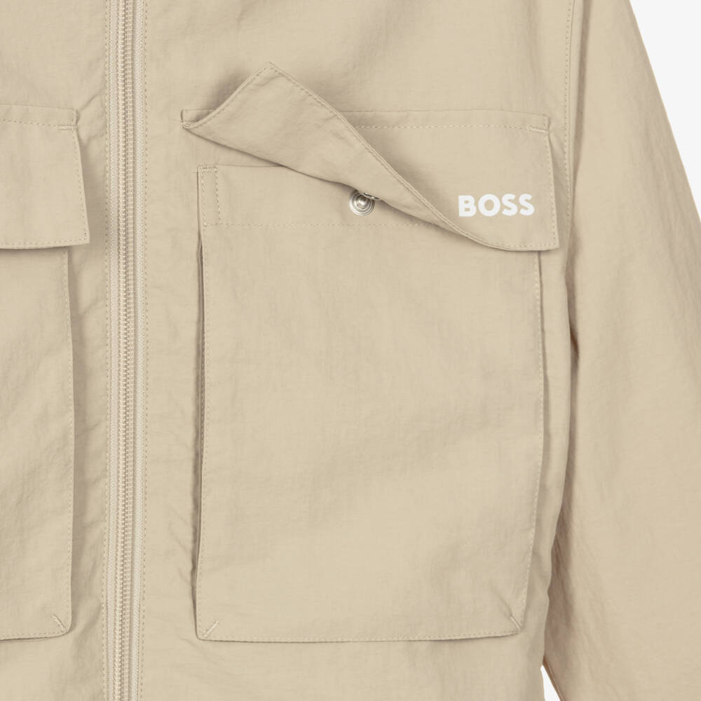 BOSS-Boys Beige Water-Repellent Hooded Windbreaker Jacket | Childrensalon Outlet