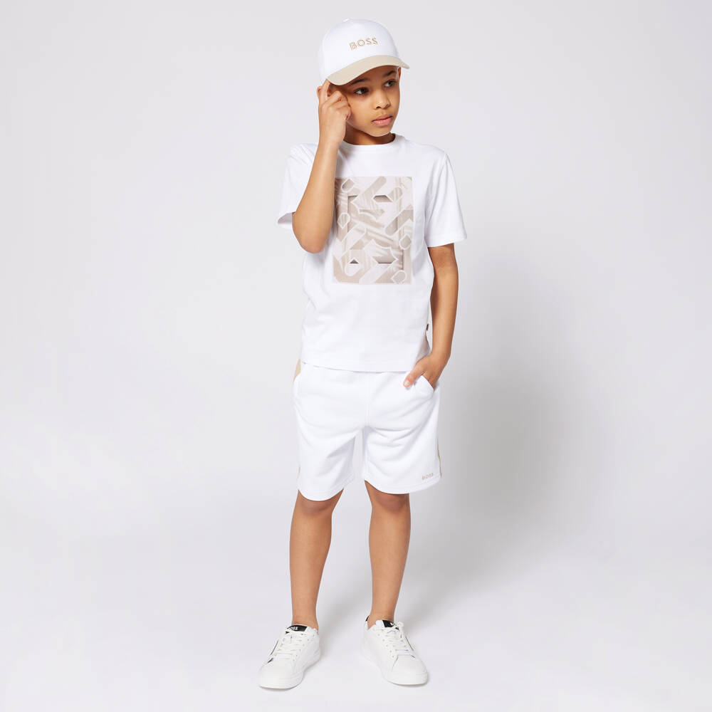 BOSS-Boys Beige & White Soft Shorts | Childrensalon Outlet