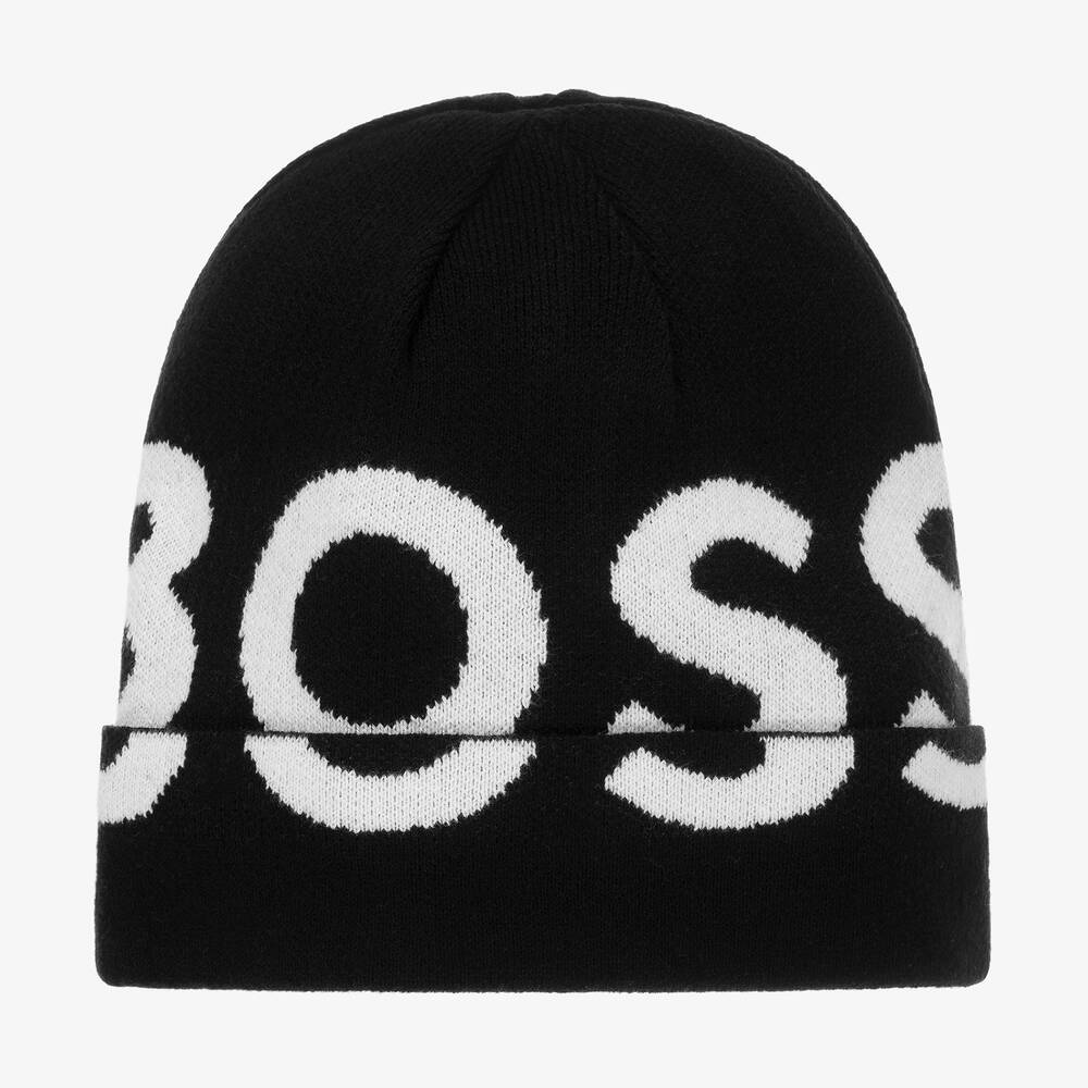 BOSS - Boys Black Beanie Cotton Hat | Childrensalon