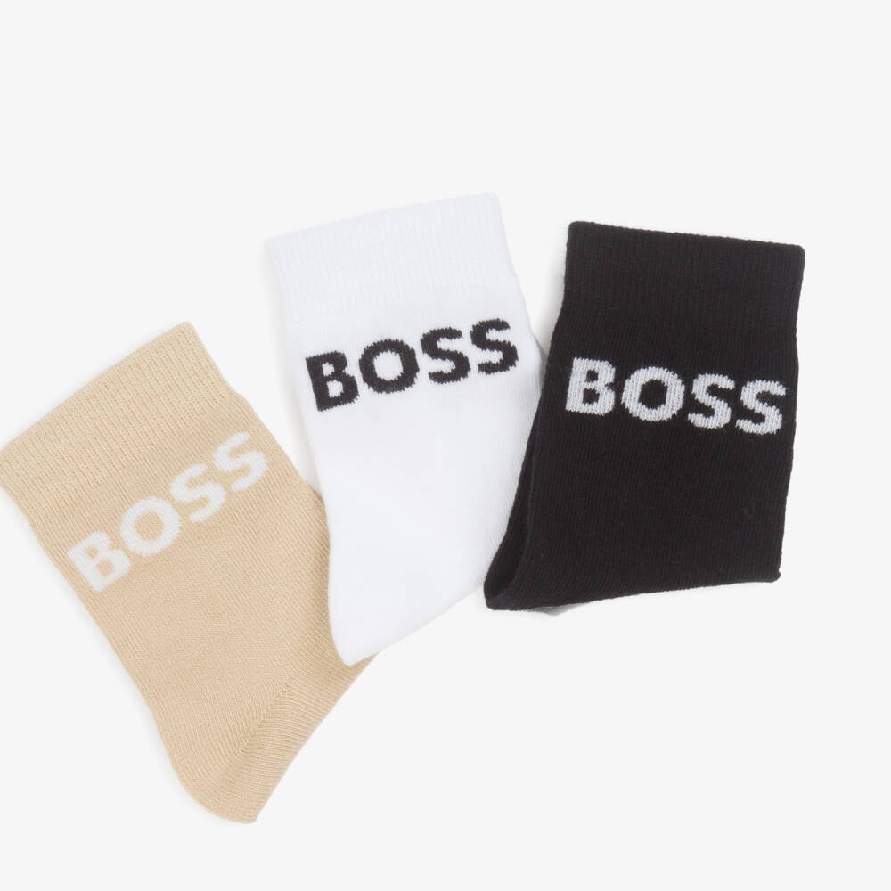 BOSS-Тройка хлопковых носков черного и бежевого цвета для мальчиков | Childrensalon Outlet