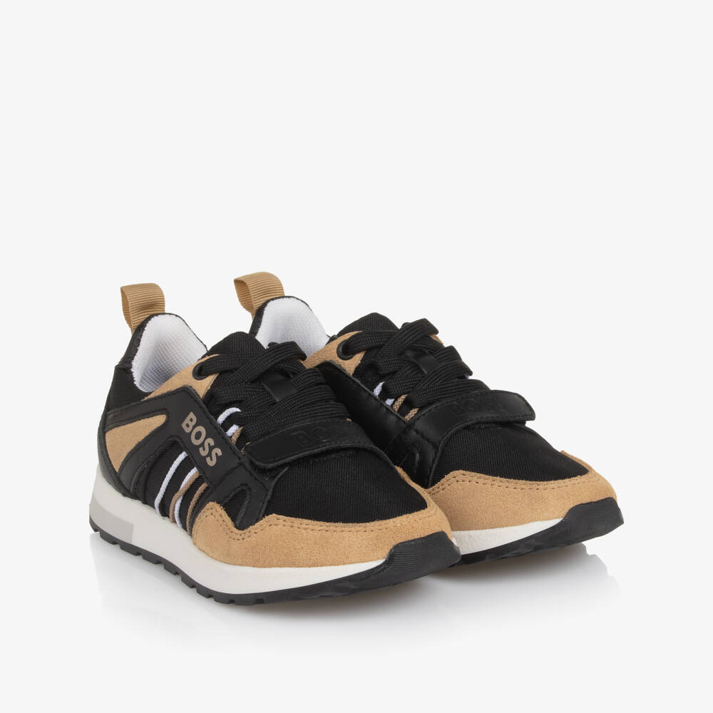 BOSS-Boys Black & Beige Leather & Canvas Trainers | Childrensalon Outlet