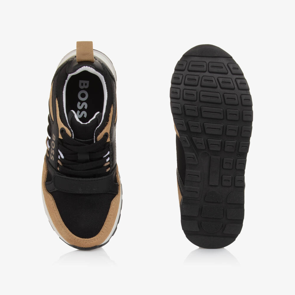 BOSS-Boys Black & Beige Leather & Canvas Trainers | Childrensalon Outlet