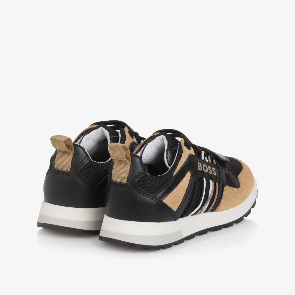 BOSS-Boys Black & Beige Leather & Canvas Trainers | Childrensalon Outlet