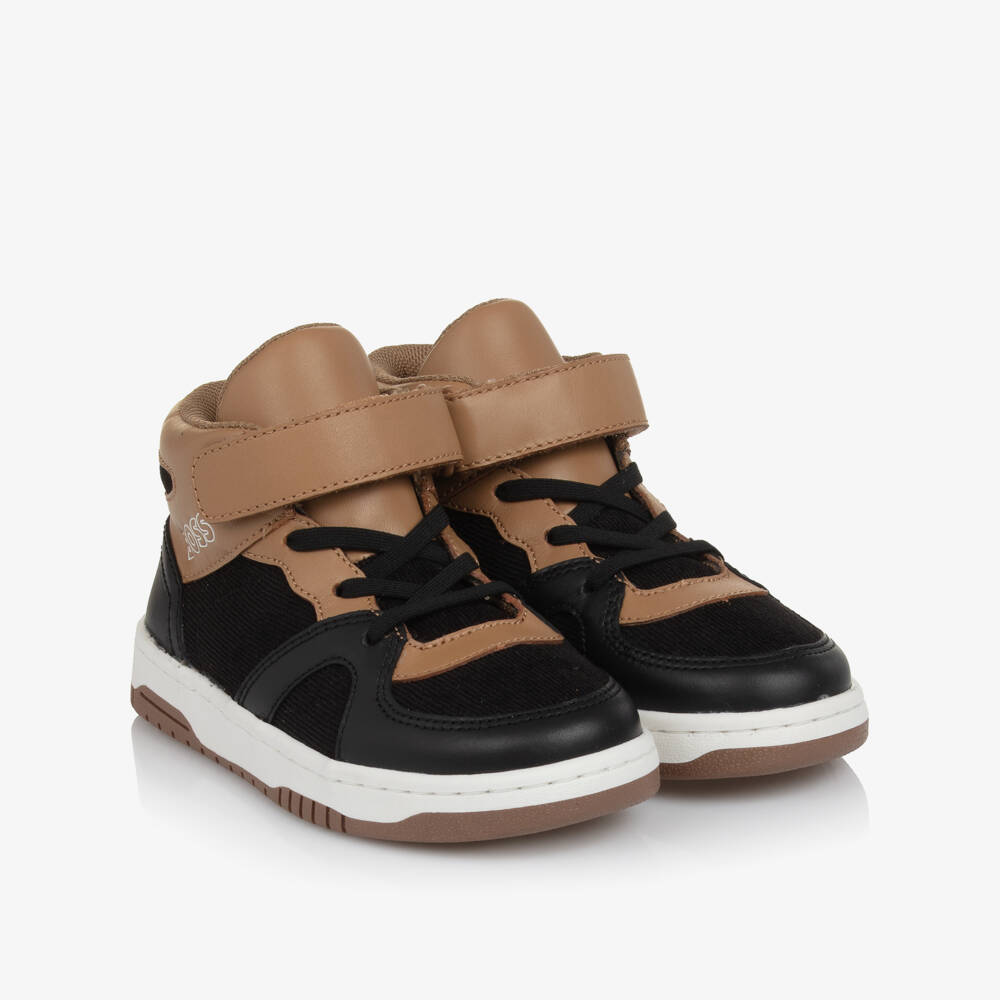 BOSS-Boys Black & Beige Leather High-Top Trainers | Childrensalon Outlet