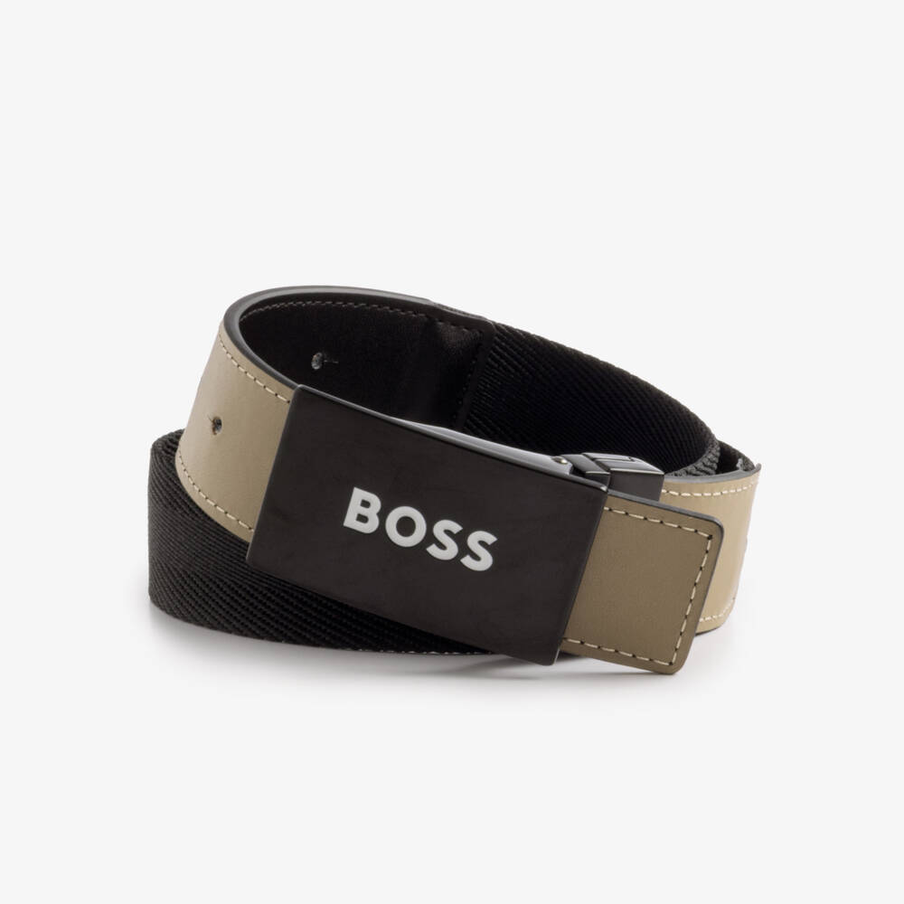 BOSS-Boys Black & Beige Reversible Woven Belt with Leather Trim | Childrensalon Outlet