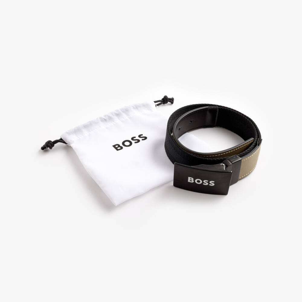 BOSS-Boys Black & Beige Reversible Woven Belt with Leather Trim | Childrensalon Outlet