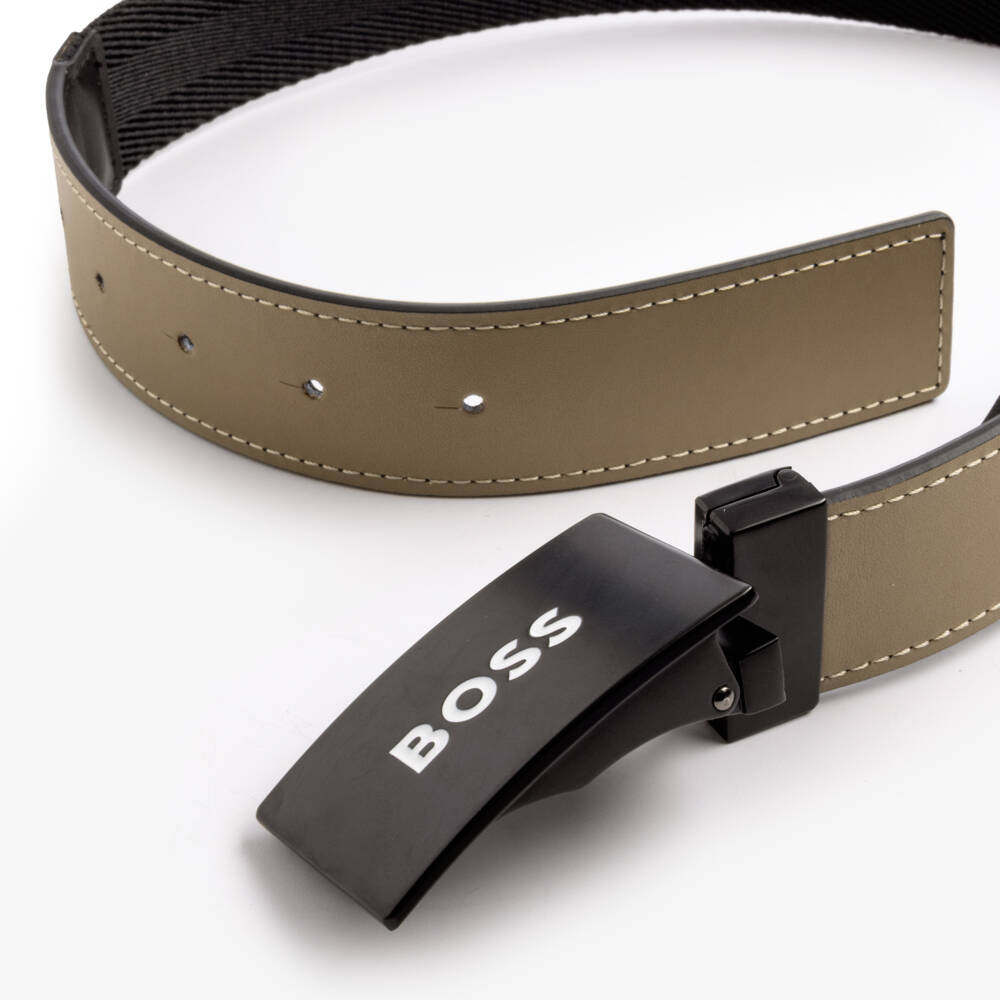 BOSS-Boys Black & Beige Reversible Woven Belt with Leather Trim | Childrensalon Outlet