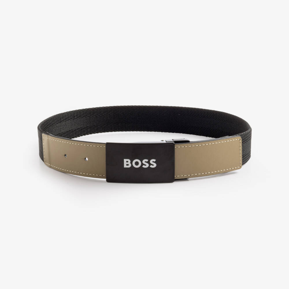BOSS-Boys Black & Beige Reversible Woven Belt with Leather Trim | Childrensalon Outlet