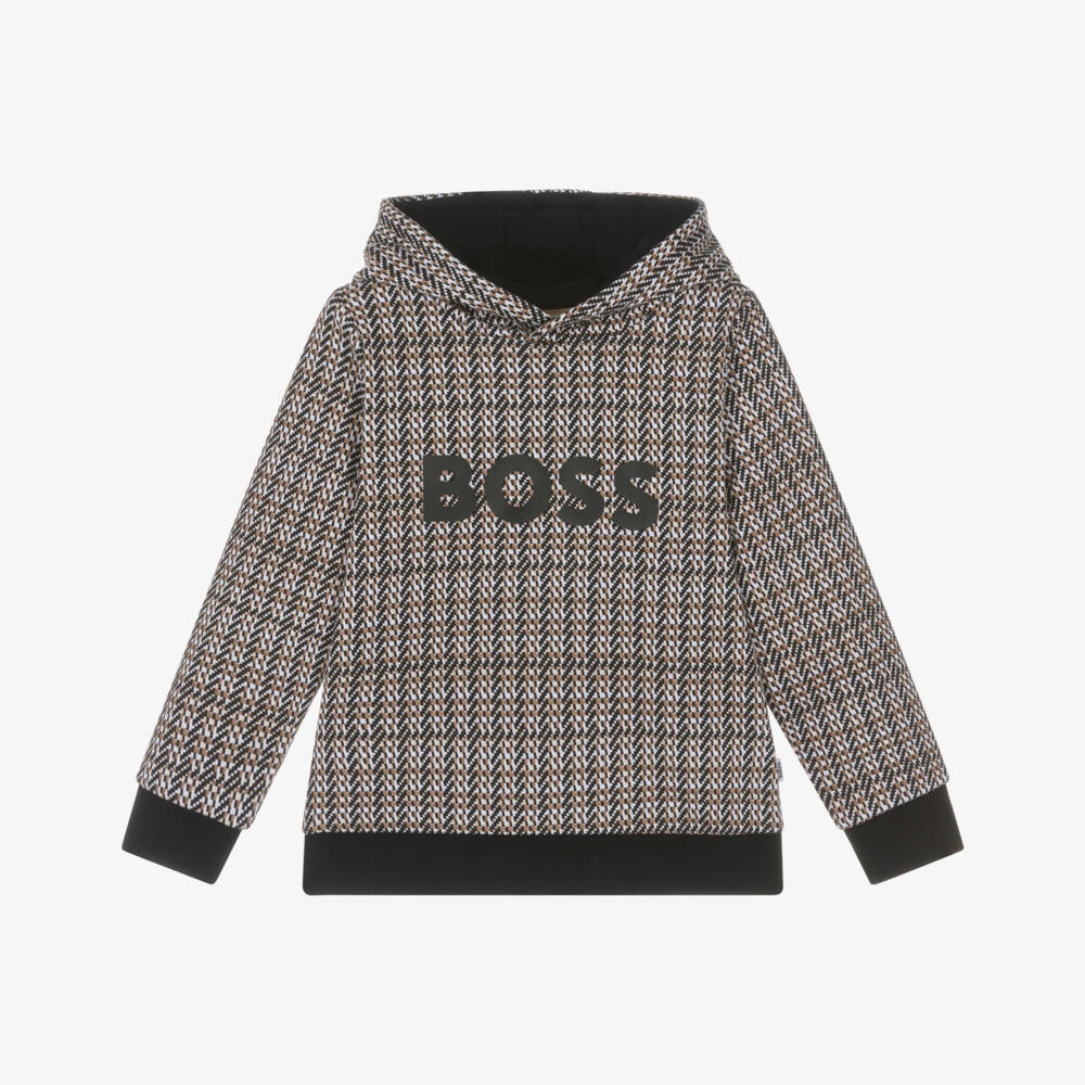 BOSS-Boys Black, Beige & White Checked Hoodie | Childrensalon Outlet