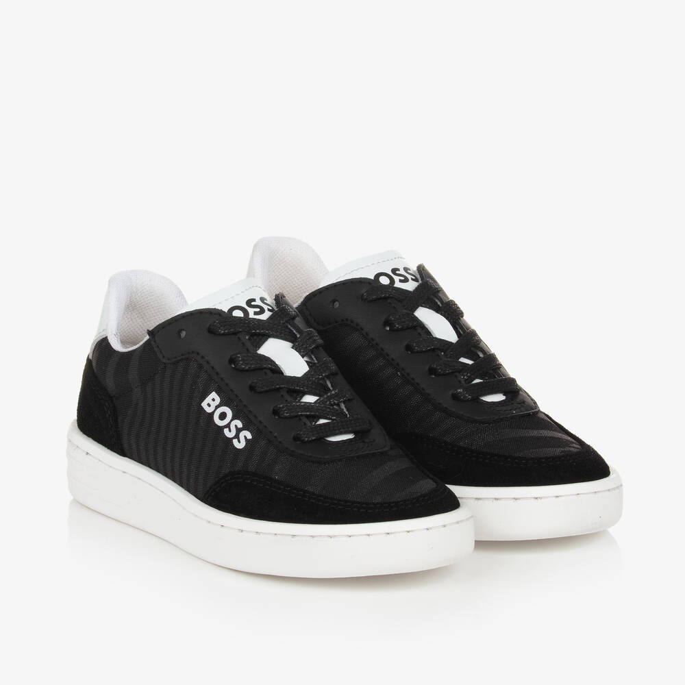 BOSS-Boys Black Canvas & Leather Trainers | Childrensalon Outlet