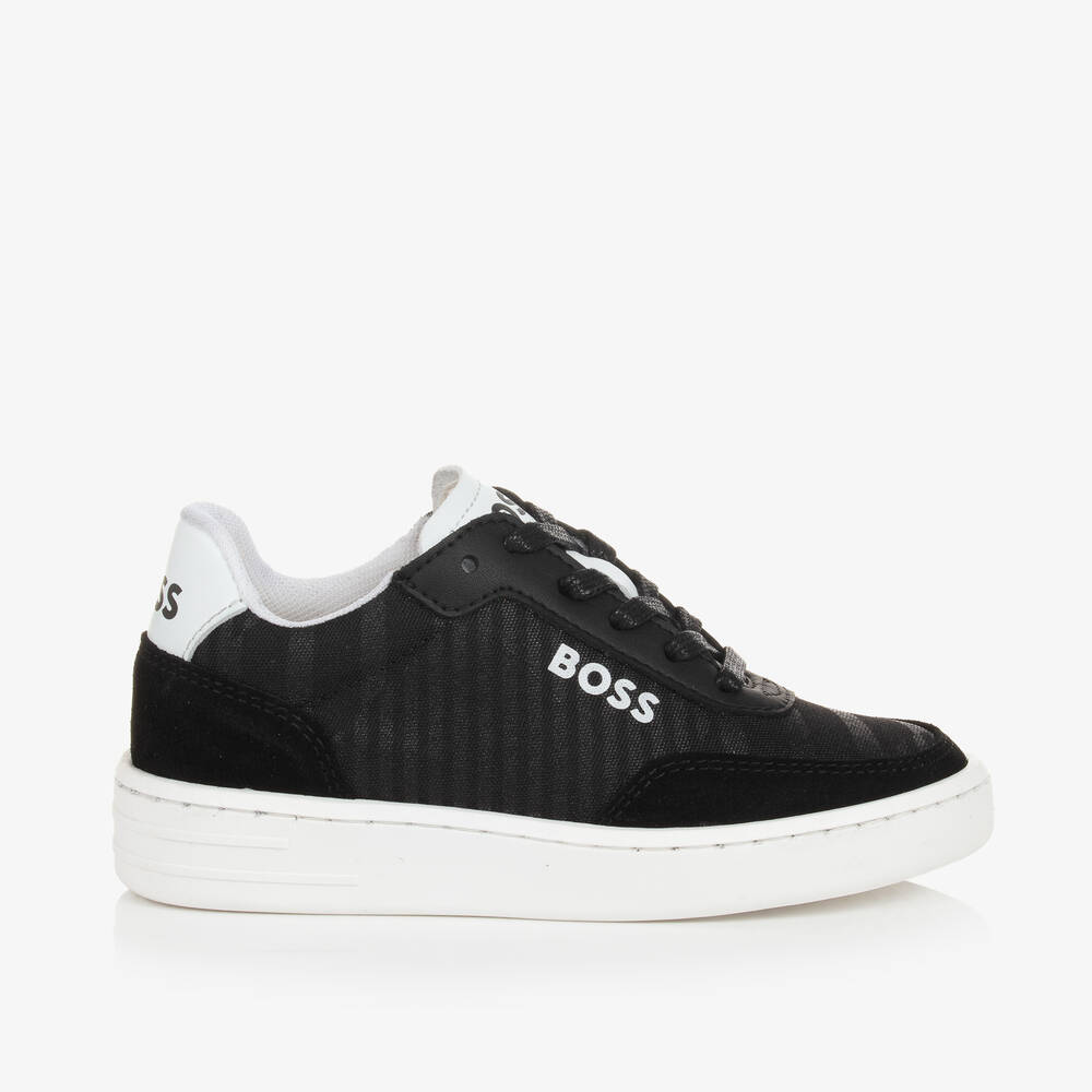 BOSS-Boys Black Canvas & Leather Trainers | Childrensalon Outlet