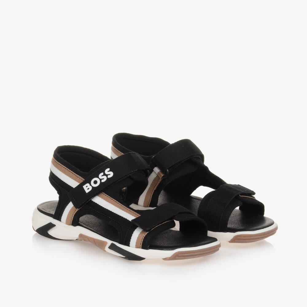 BOSS-Boys Black Canvas Velcro Sandals | Childrensalon Outlet