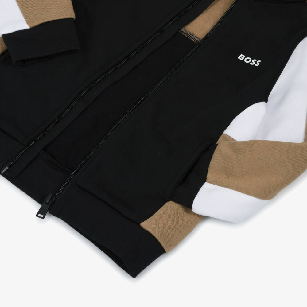BOSS-Boys Black Cotton Colourblock Zip-Up Top | Childrensalon Outlet