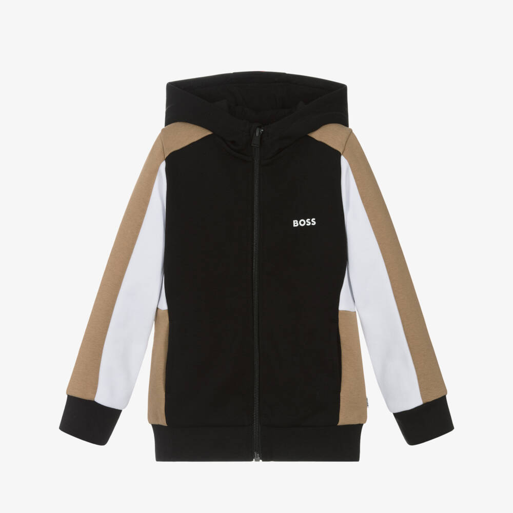 BOSS-Boys Black Cotton Colourblock Zip-Up Top | Childrensalon Outlet