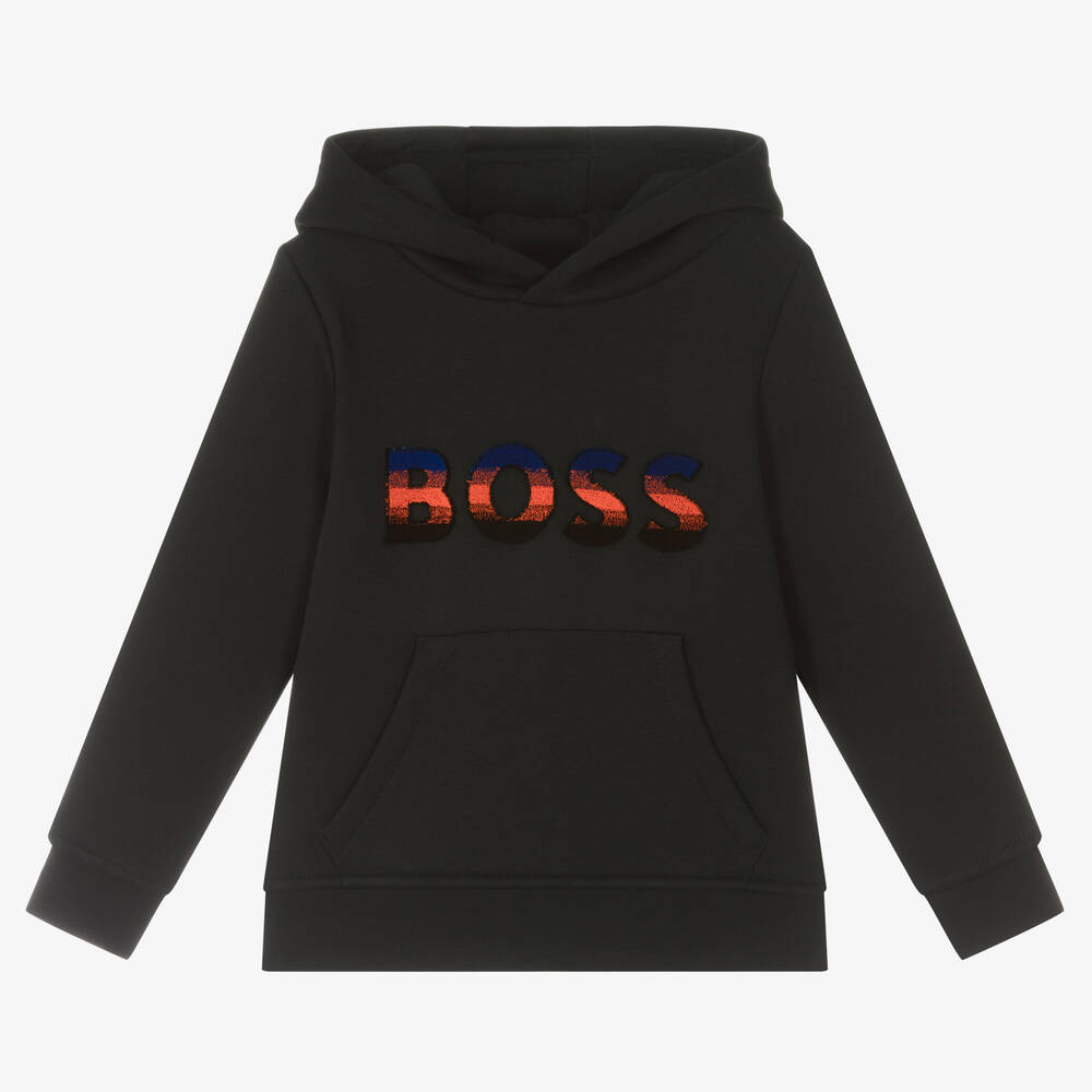 BOSS - Sweat à capuche noir en coton | Childrensalon