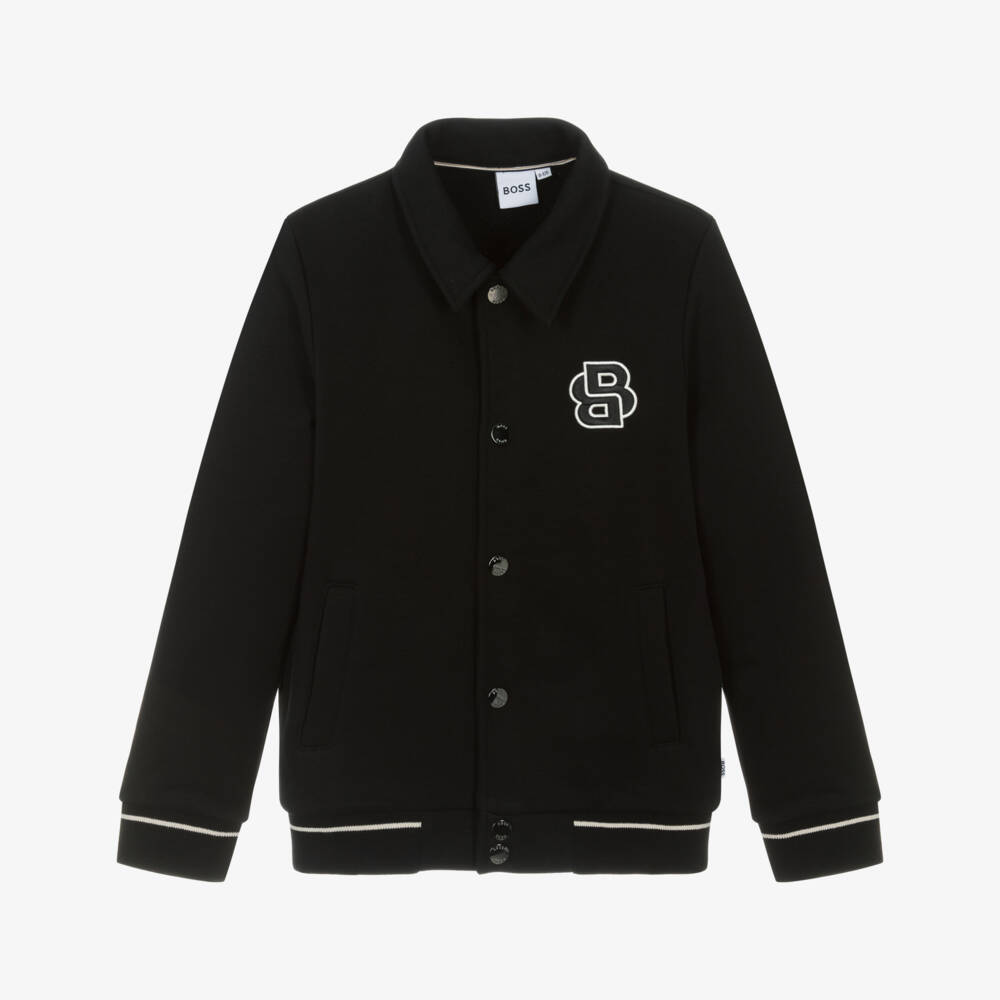 BOSS-Boys Black Cotton Jersey Varsity Jacket | Childrensalon Outlet