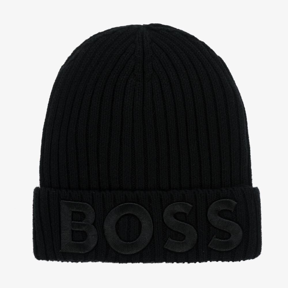 BOSS - Boys Black Cotton Knit Beanie Hat | Childrensalon