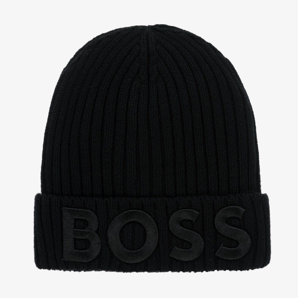 BOSS - Schwarze Baumwollstrick-Beanie | Childrensalon