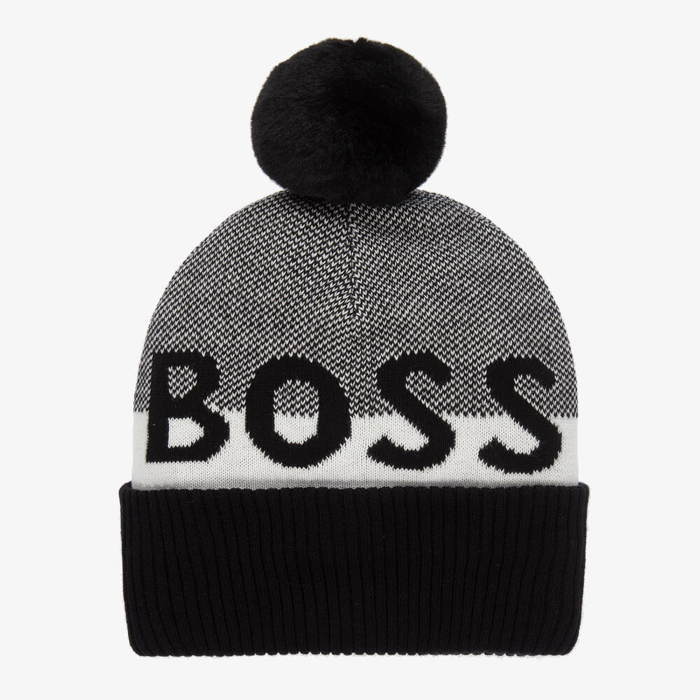 BOSS - Boys Black Cotton Knit Bobble Hat | Childrensalon