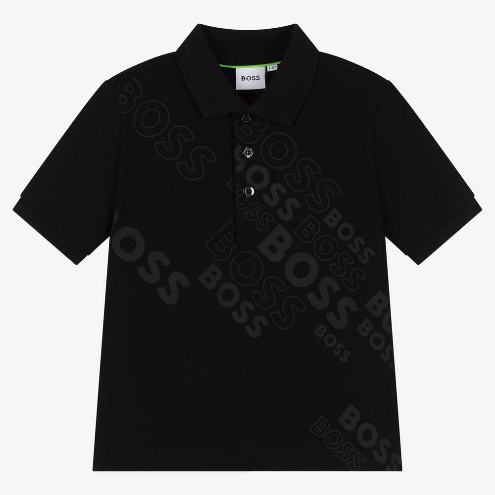 BOSS - Boys Black Cotton Logo Polo Shirt | Childrensalon