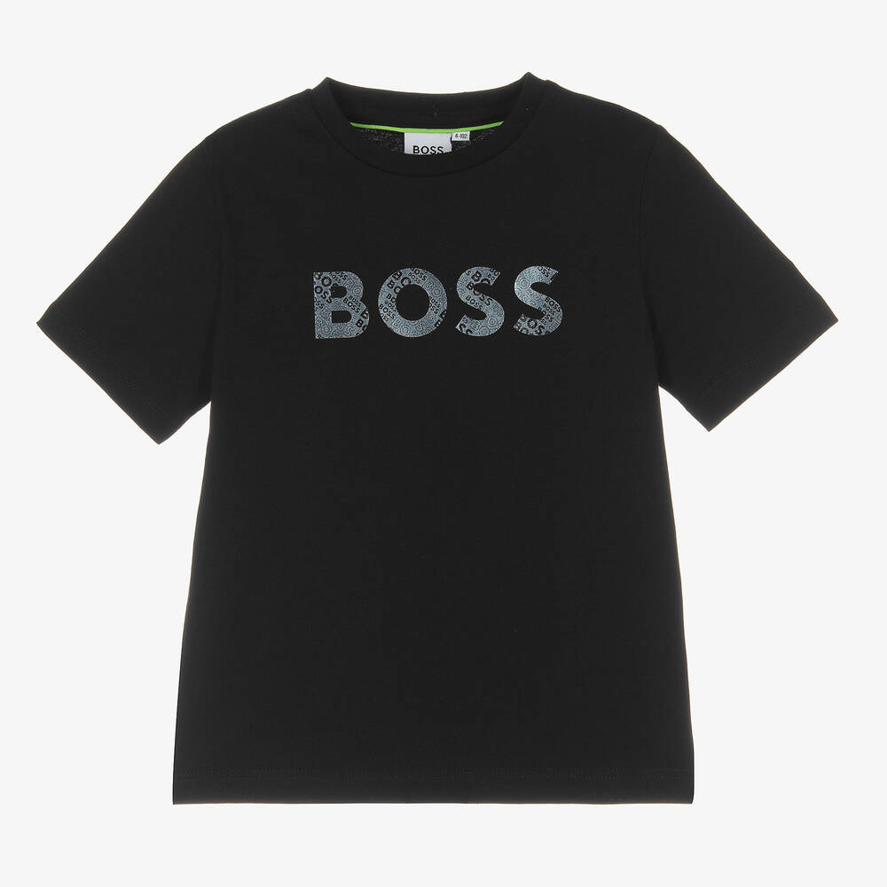 BOSS - Boys Black Cotton Logo T-Shirt | Childrensalon