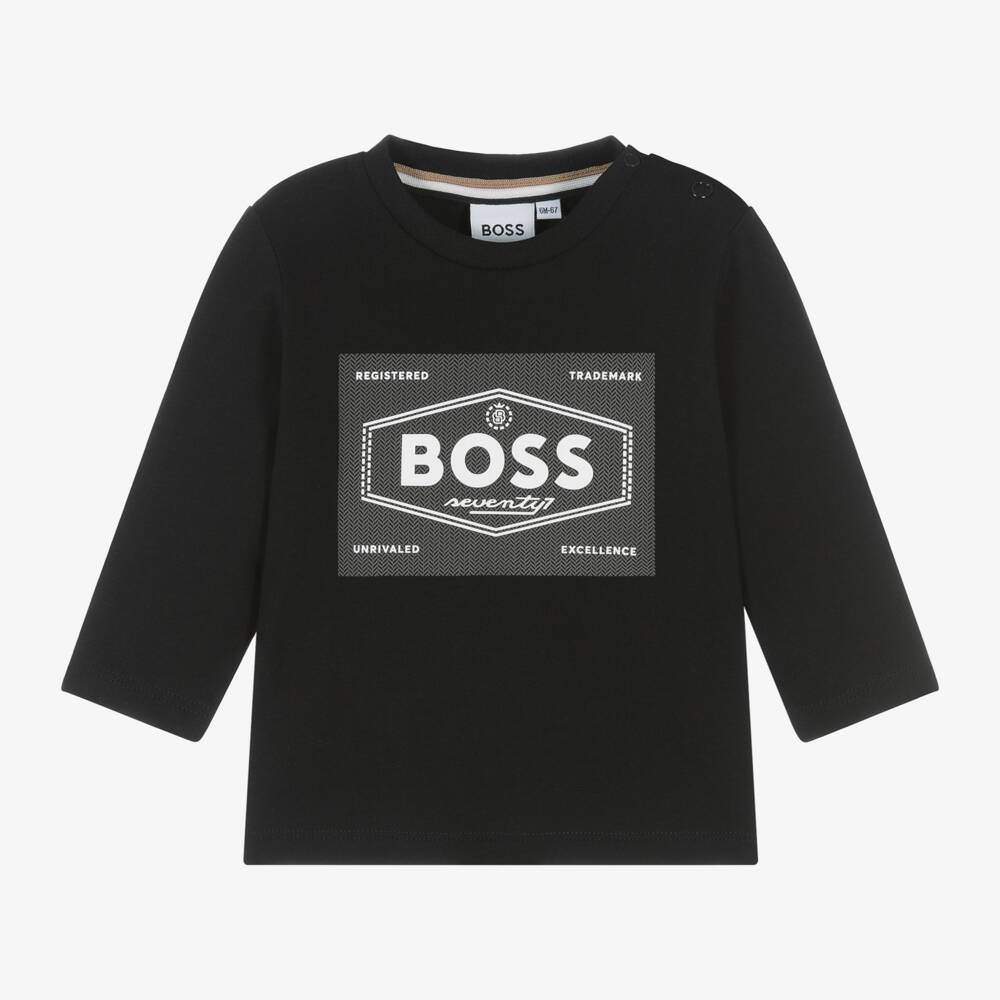 BOSS-Boys Black Cotton Long Sleeve Tee | Childrensalon Outlet