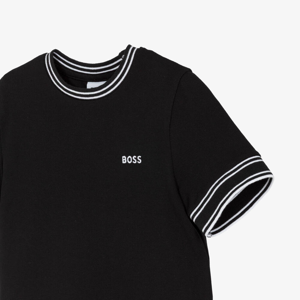 BOSS-Boys Black Cotton Piqué Logo T-Shirt | Childrensalon Outlet