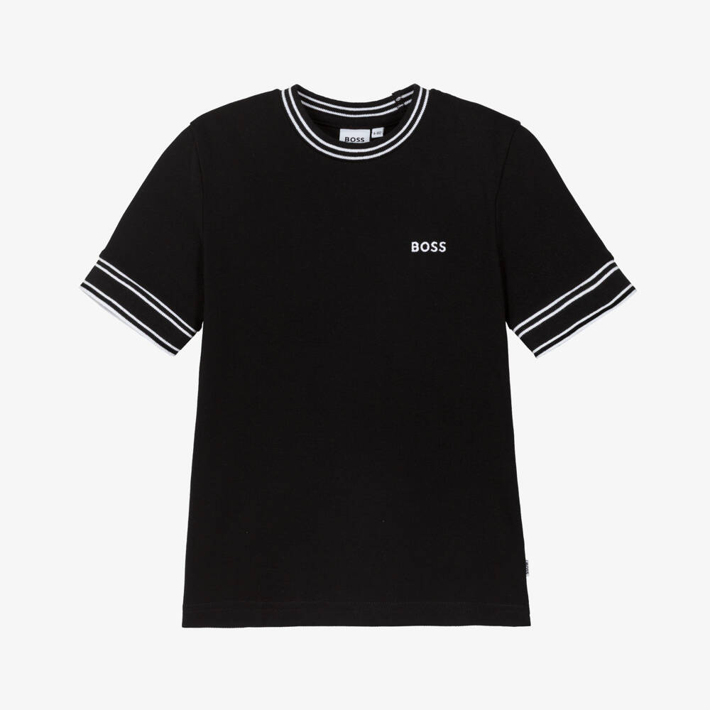 BOSS-Boys Black Cotton Piqué Logo T-Shirt | Childrensalon Outlet