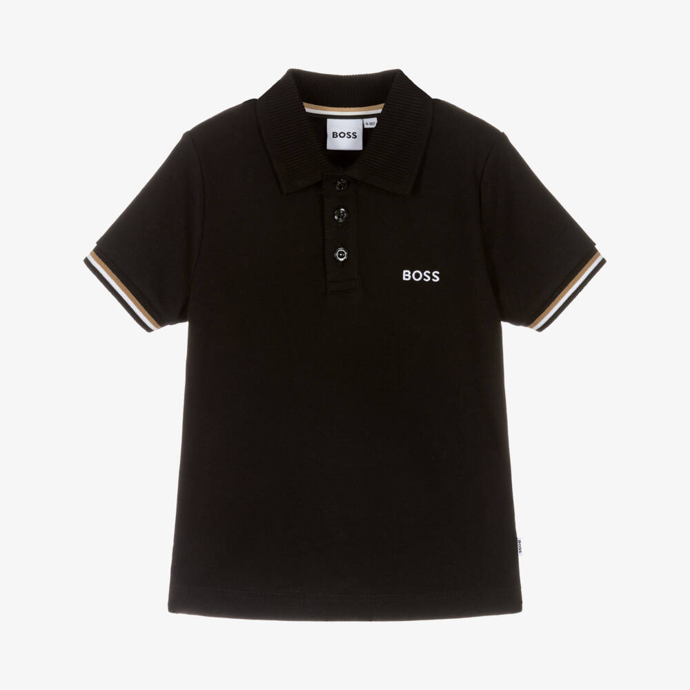 BOSS-Boys Black Cotton Piqué Polo T-Shirt | Childrensalon Outlet