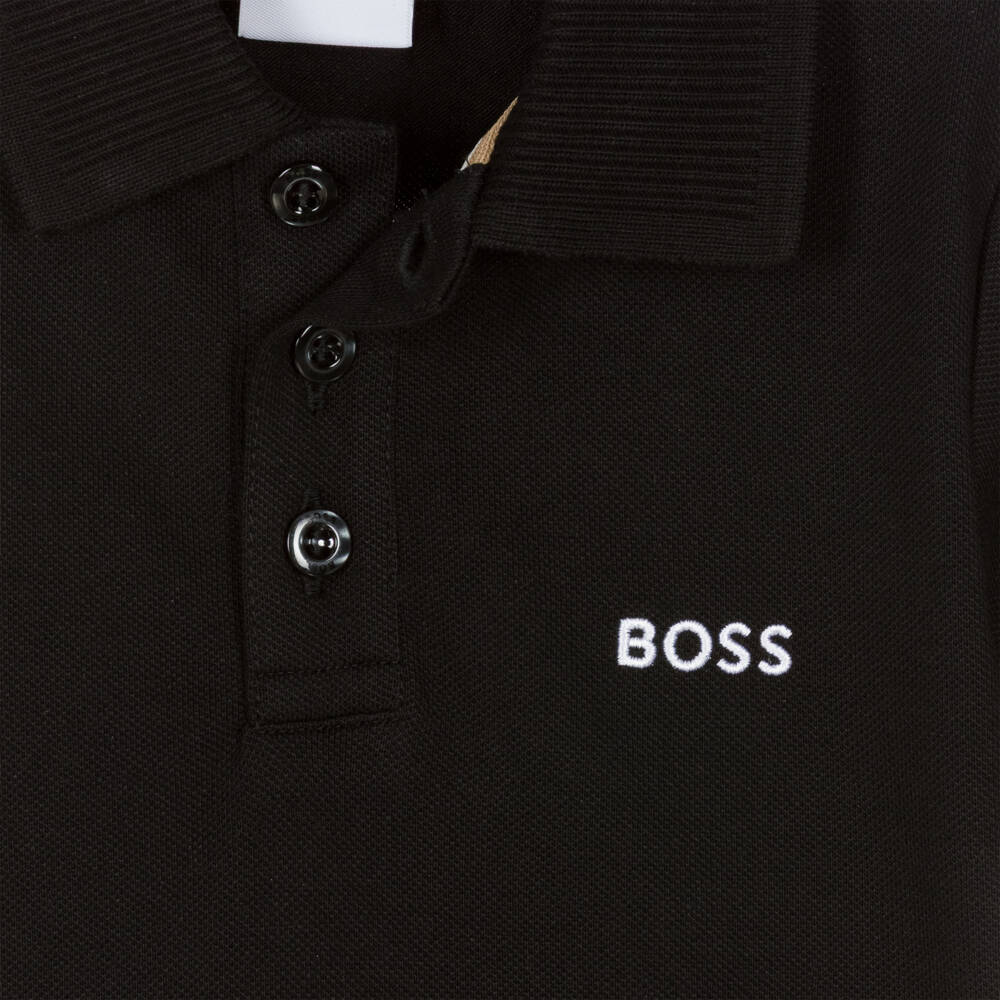 BOSS-Boys Black Cotton Piqué Polo T-Shirt | Childrensalon Outlet