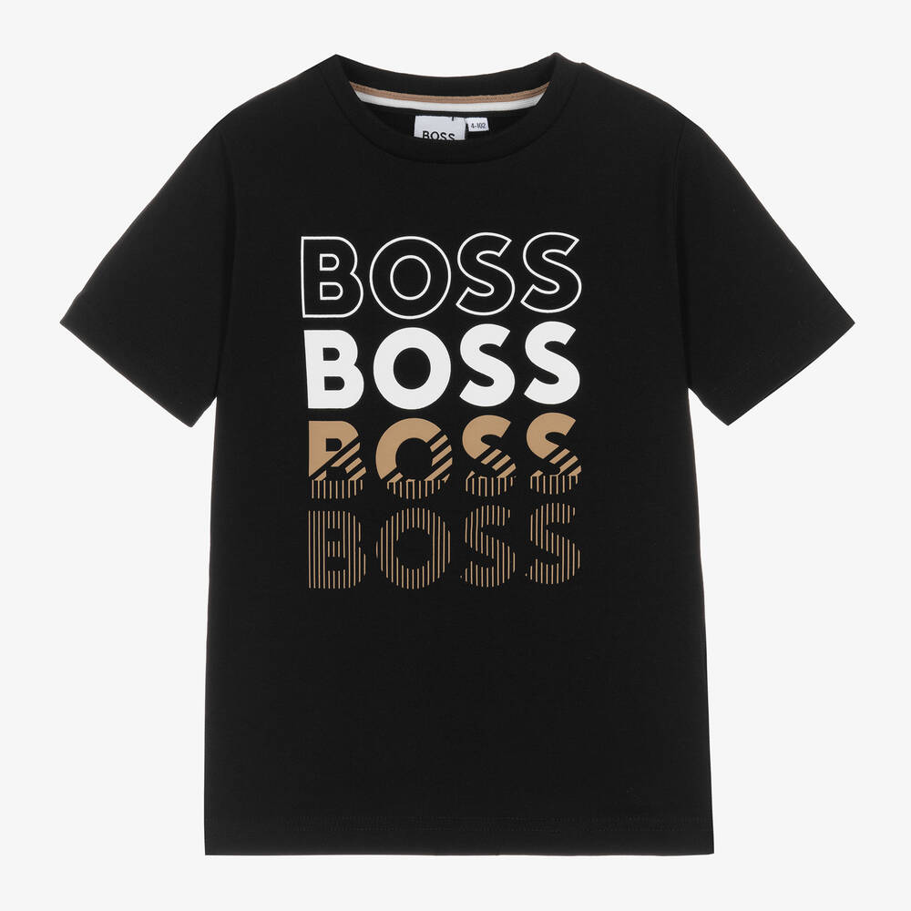 BOSS-Boys Black Cotton T-Shirt | Childrensalon Outlet