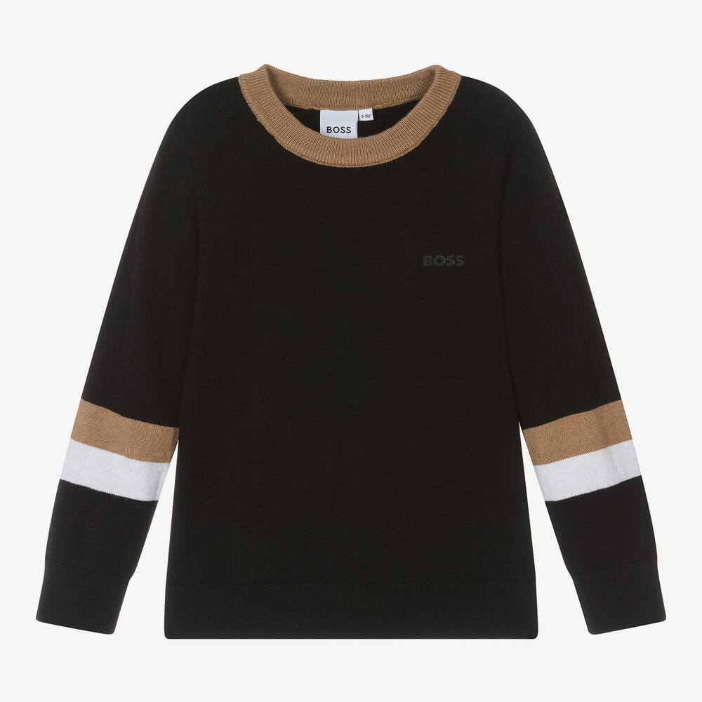 BOSS - Boys Black Cotton & Wool Knit Jumper | Childrensalon