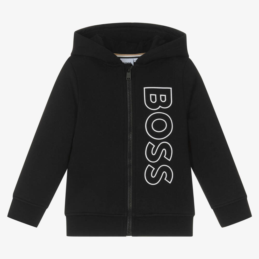 BOSS - Boys Black Cotton Zip-Up Hoodie | Childrensalon