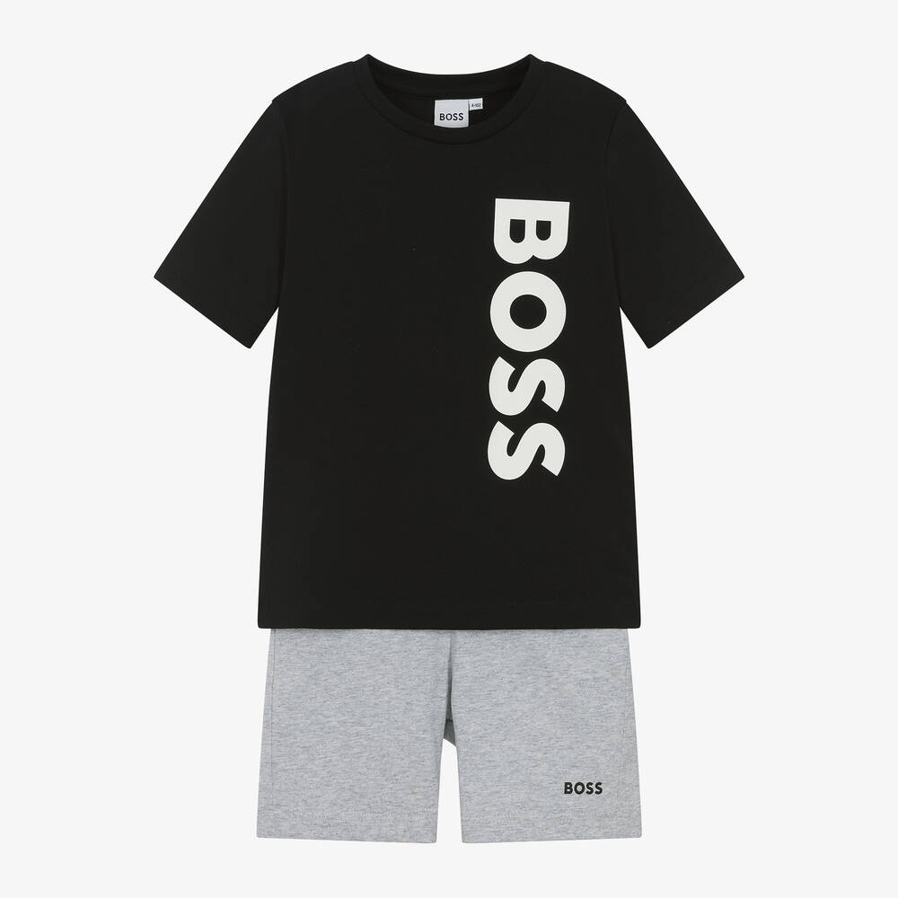 BOSS-Boys Black & Grey Cotton Short Pyjamas | Childrensalon Outlet