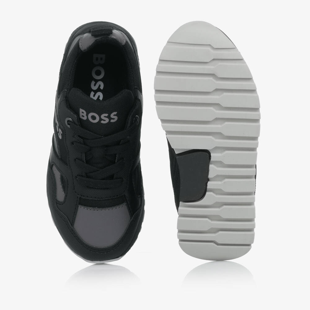 BOSS-Boys Black & Grey Lace-Up Trainers with Logo | Childrensalon Outlet
