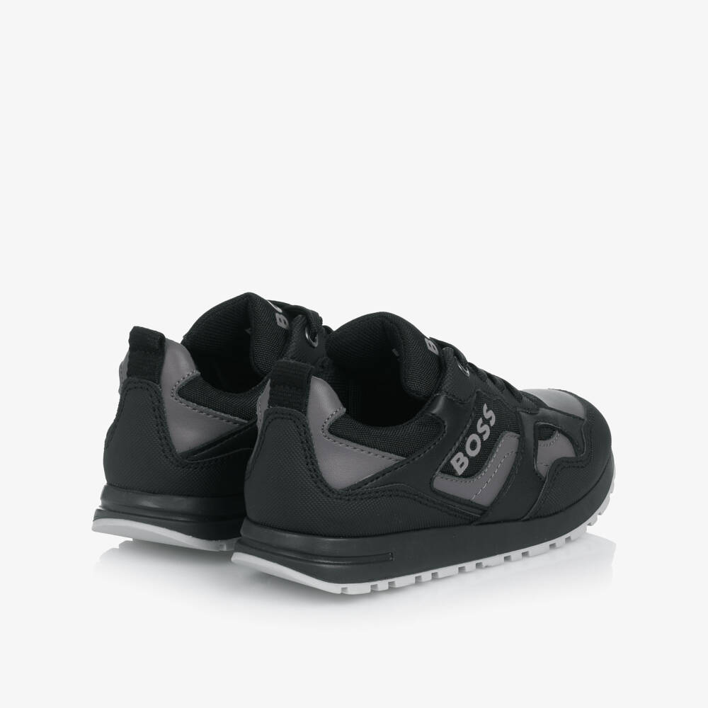 BOSS-Boys Black & Grey Lace-Up Trainers with Logo | Childrensalon Outlet