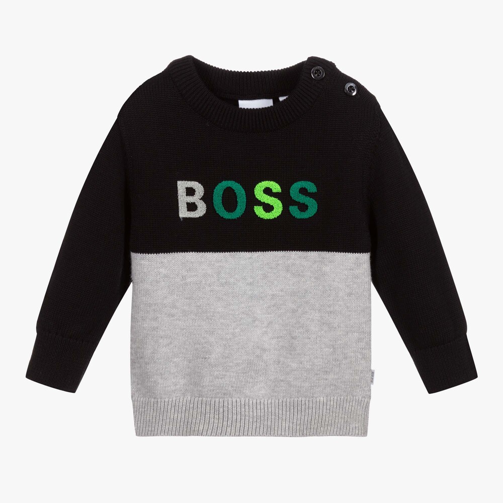BOSS - Boys Black & Grey Logo Sweater | Childrensalon
