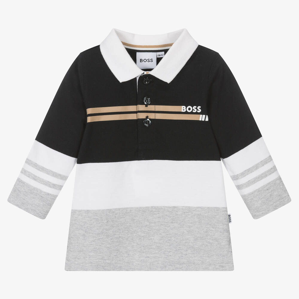 BOSS - Boys Black & Grey Striped Polo Shirt | Childrensalon