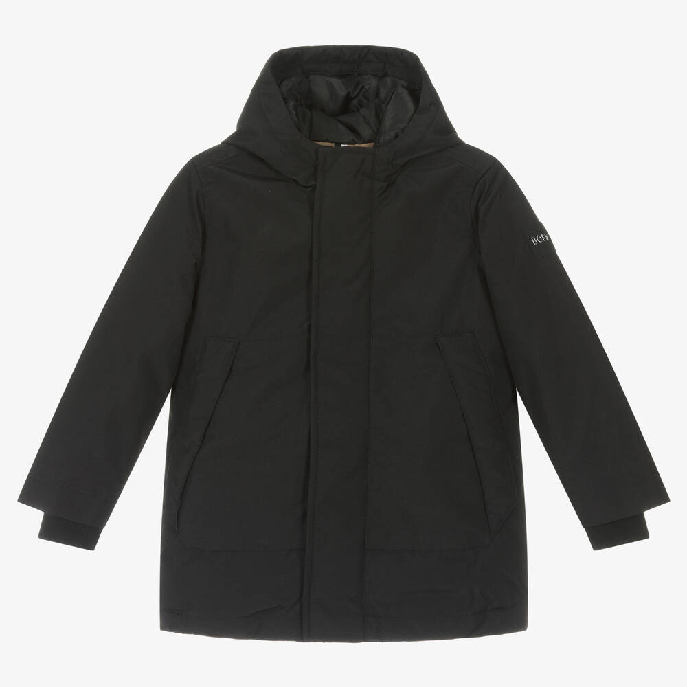 BOSS - Boys Black Hooded Parka Coat | Childrensalon